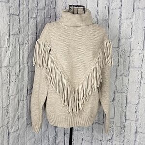 ENTRO‎ Light Tan Turtleneck Fringed Oversized Sweater Small